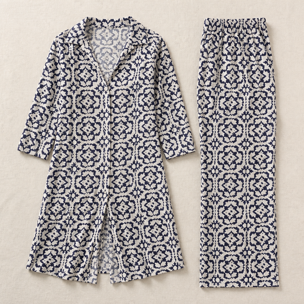 VireoLuxe™ – Bold Geometric Tunic and Straight-Leg Trouser Set