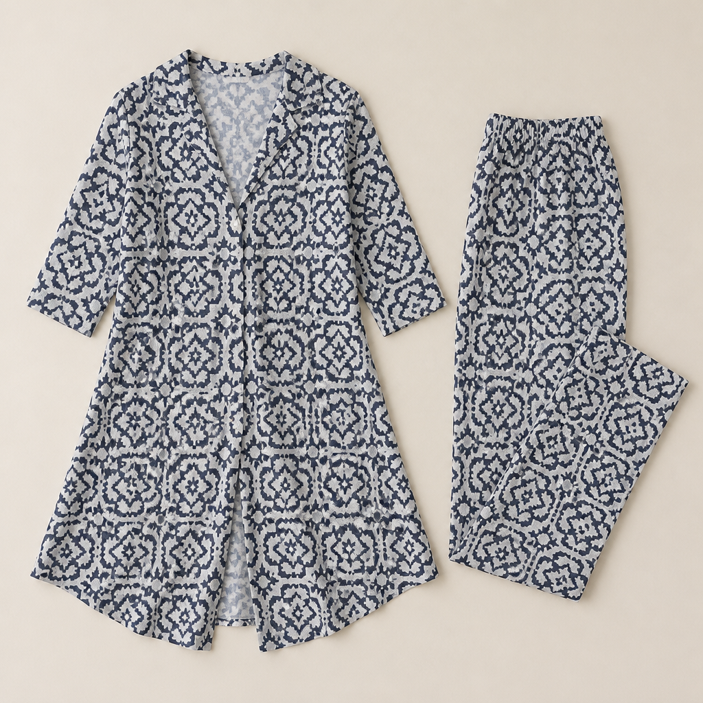 VireoLuxe™ – Bold Geometric Tunic and Straight-Leg Trouser Set
