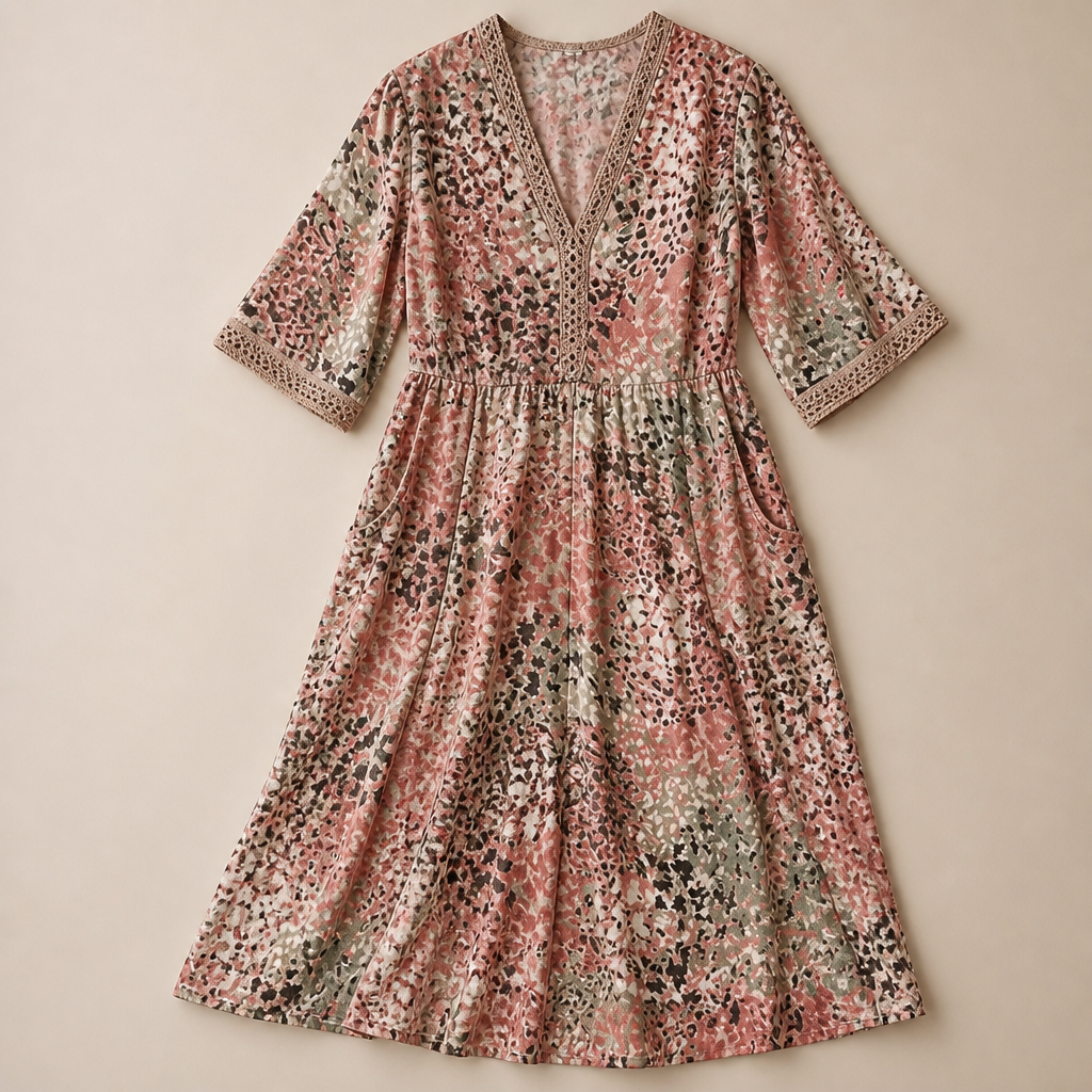 Aesthetic — printed boho midi dress sold on style, ease, and mature-vacation identity.