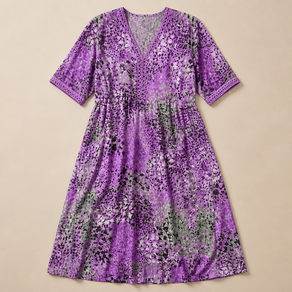 Aesthetic — printed boho midi dress sold on style, ease, and mature-vacation identity.