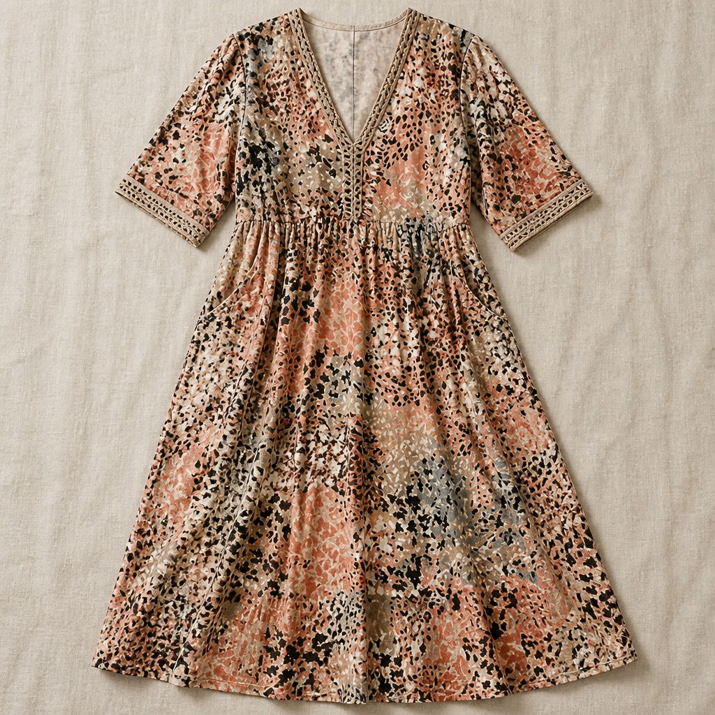 Aesthetic — printed boho midi dress sold on style, ease, and mature-vacation identity.