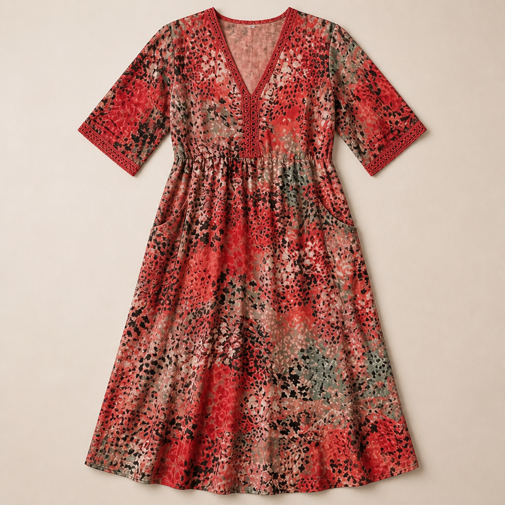 Aesthetic — printed boho midi dress sold on style, ease, and mature-vacation identity.