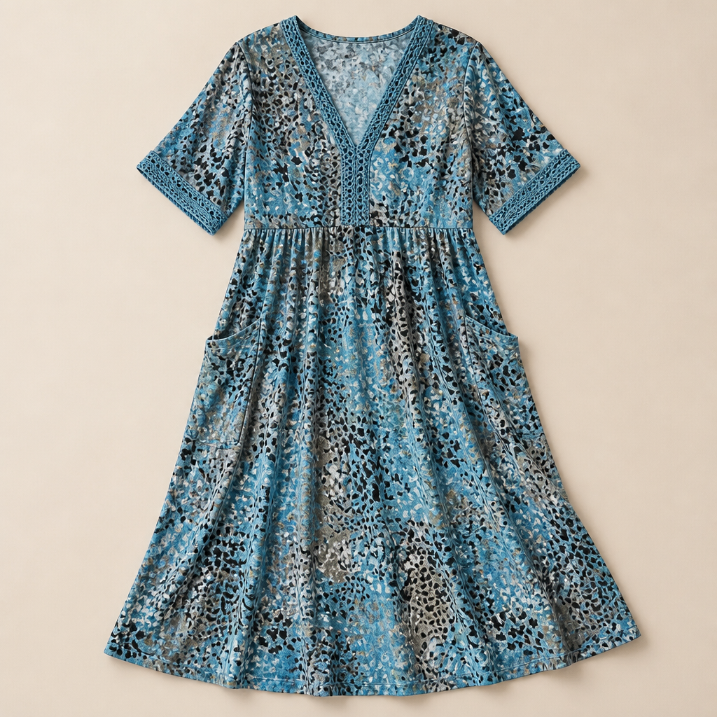 Aesthetic — printed boho midi dress sold on style, ease, and mature-vacation identity.