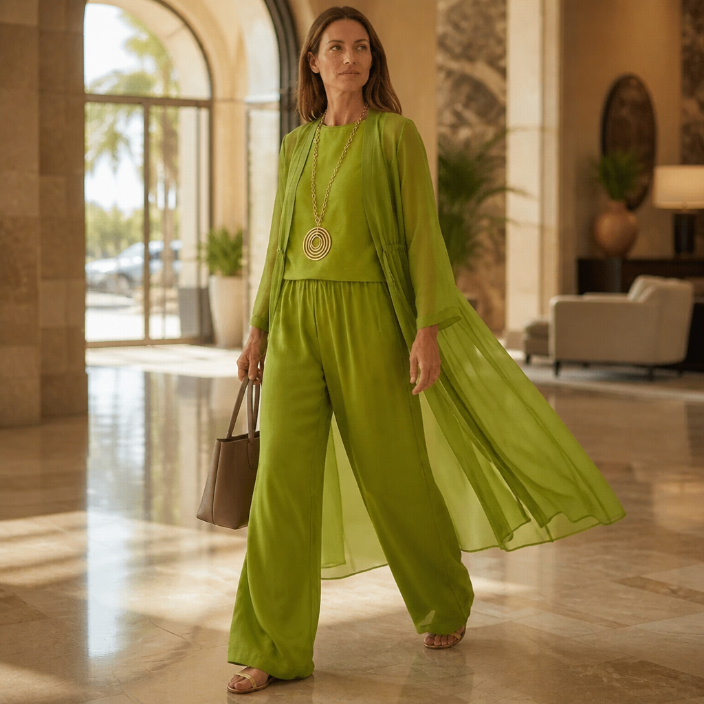 AristaLuxe™ – Flowing Three-Piece Wide-Leg Pant Set with Sheer Chiffon Duster