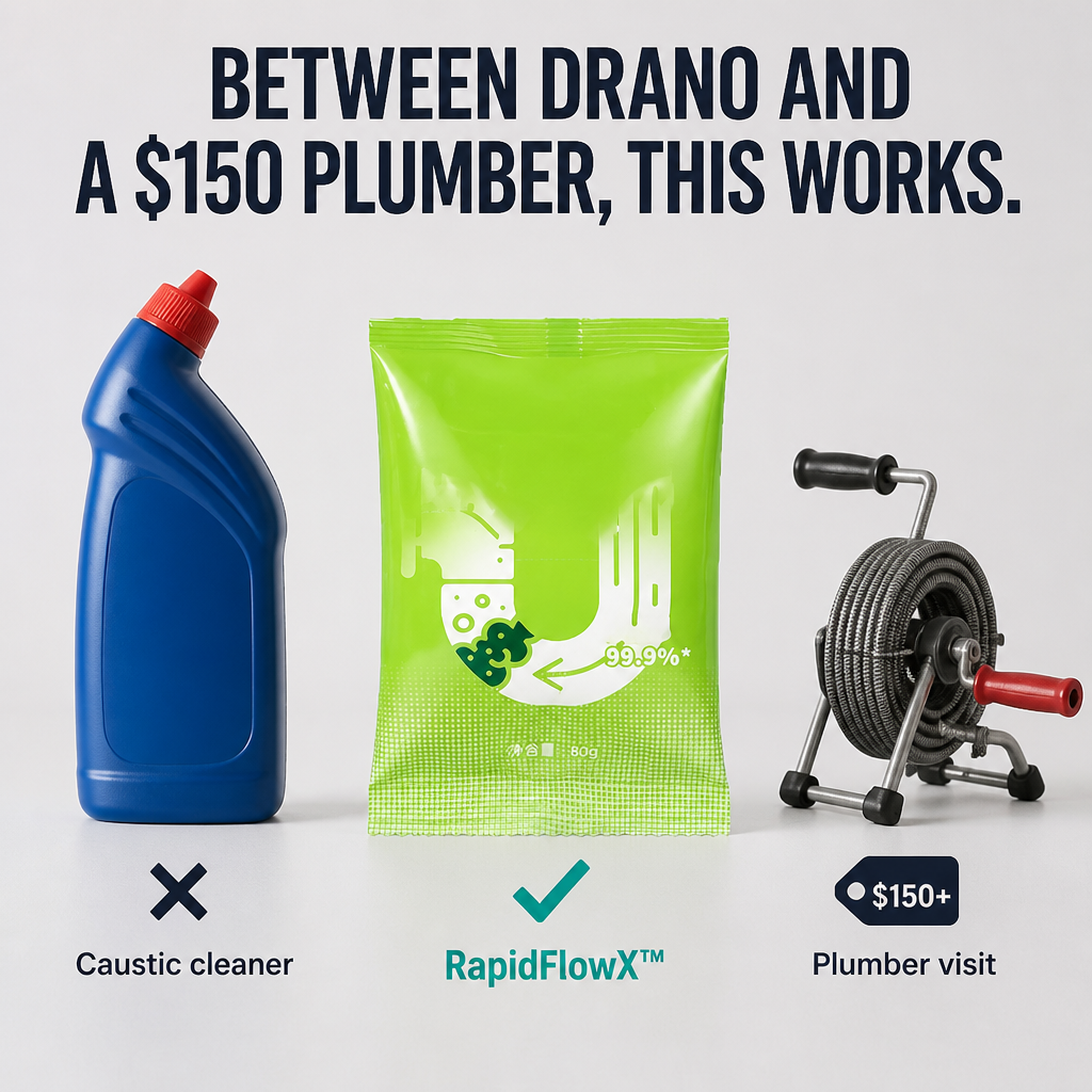 RapidFlowX™ — Dissolve Hair, Grease & Sludge in Minutes Without Burning Your Pipes