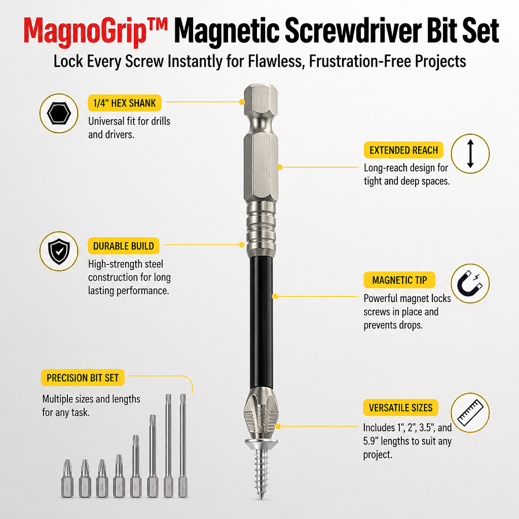 MagnoGrip™ Magnetic Screwdriver Bit Set — Lock Every Screw Instantly for Flawless, Frustration-Free Projects