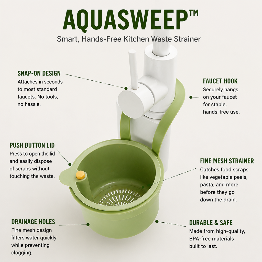 AquaSweep™ — Snap On, Stop Clogs, and Toss Scraps Without Lifting a Finger