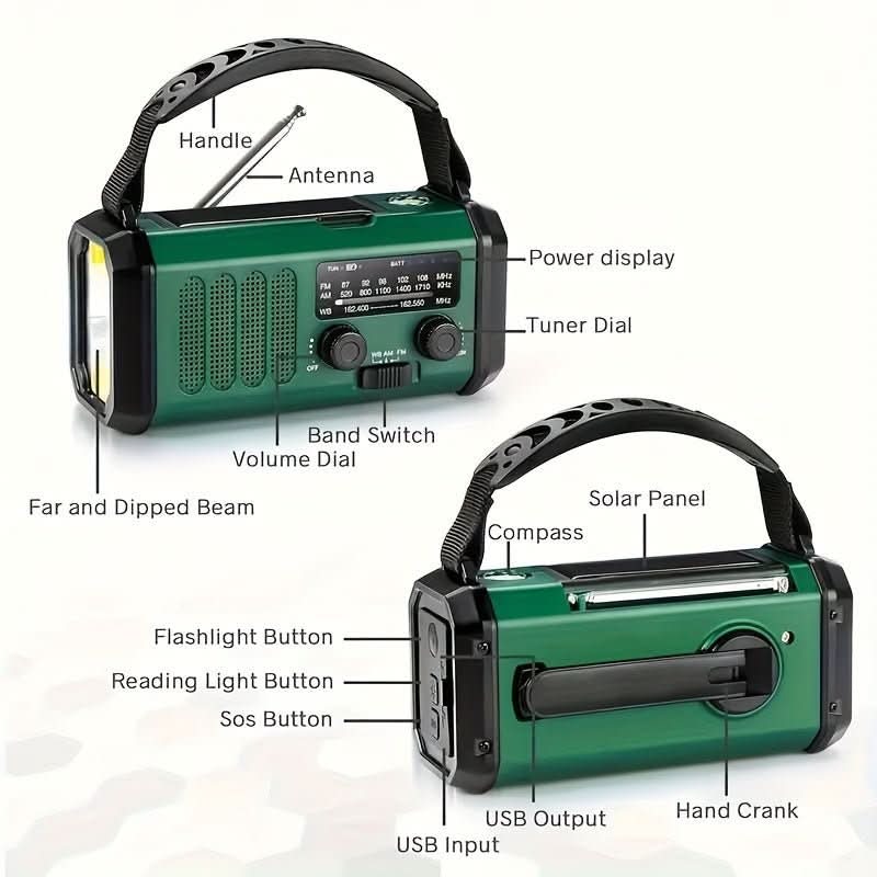 Solar-Powered Emergency Radio with Flashlight and USB Charging