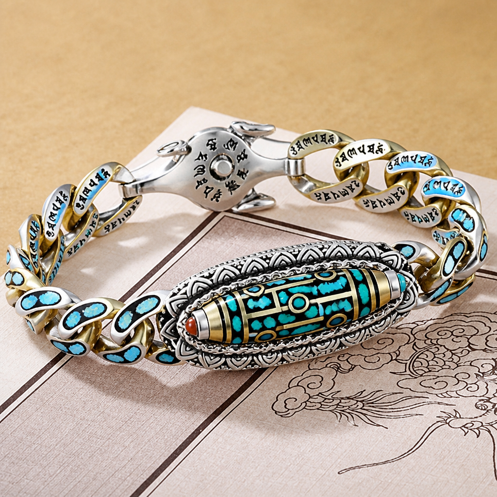 SereniStone™ – Tibetan Nine-Eyed Dzi Bead Bracelet with Turquoise Inlay