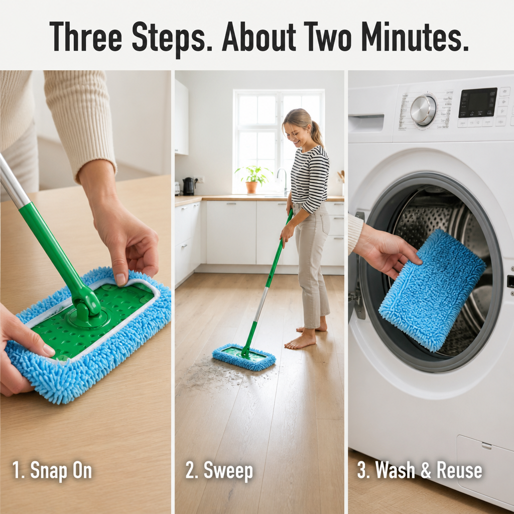 SwiftSleek™ — Snap-On Microfiber Pads That Grab Pet Hair Through 150 Washes
