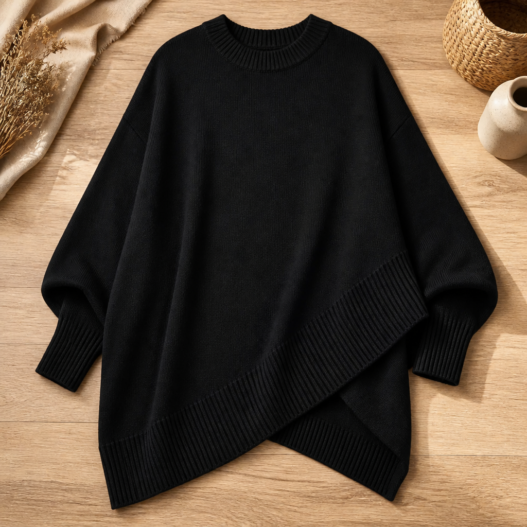 SerenoWave™ – Effortless Asymmetric Poncho Sweater with Batwing Sleeves
