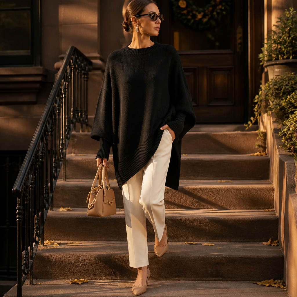 SerenoWave™ – Effortless Asymmetric Poncho Sweater with Batwing Sleeves