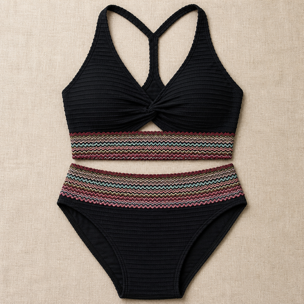 SereneShape™ – High-Waist Smocked Two-Piece Swimsuit with Tummy-Shaping Band