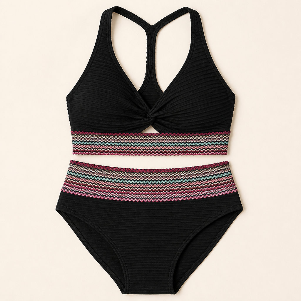SereneShape™ – High-Waist Smocked Two-Piece Swimsuit with Tummy-Shaping Band