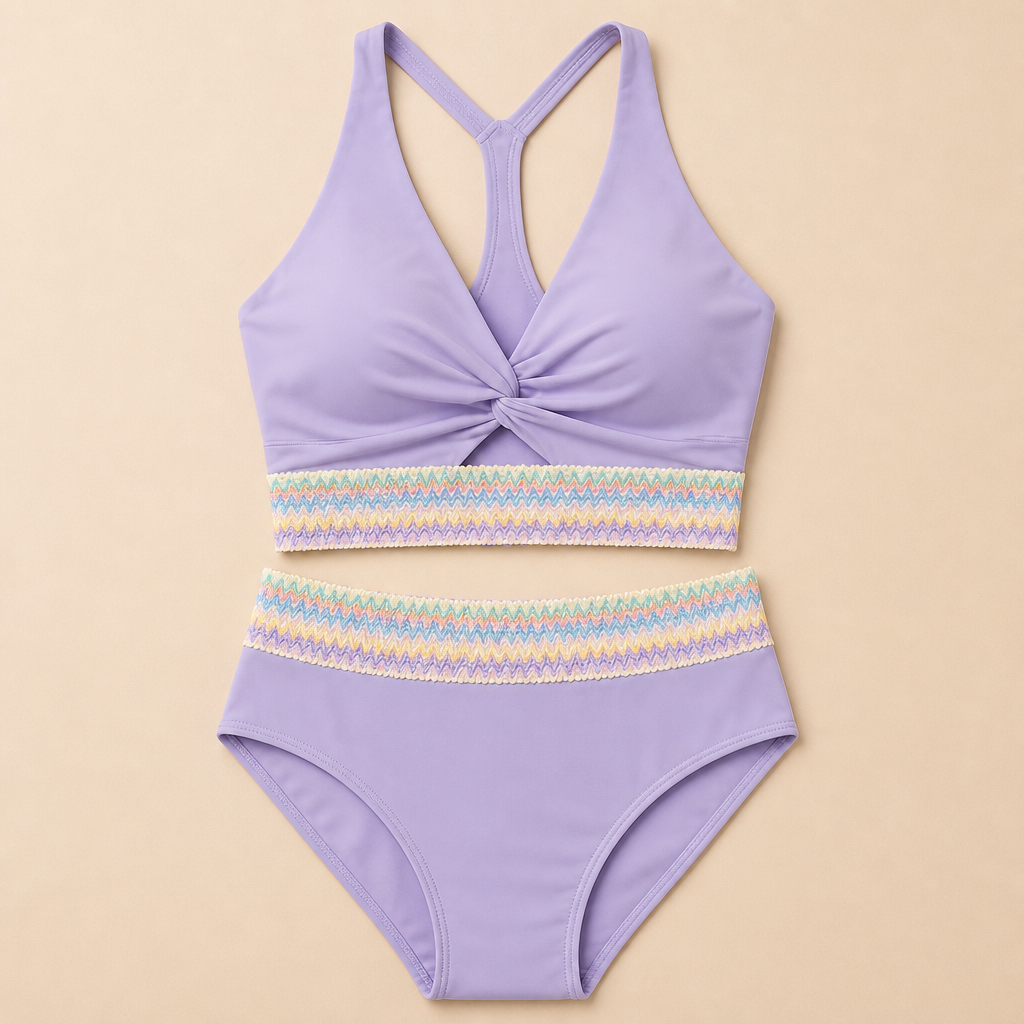 SereneShape™ – High-Waist Smocked Two-Piece Swimsuit with Tummy-Shaping Band