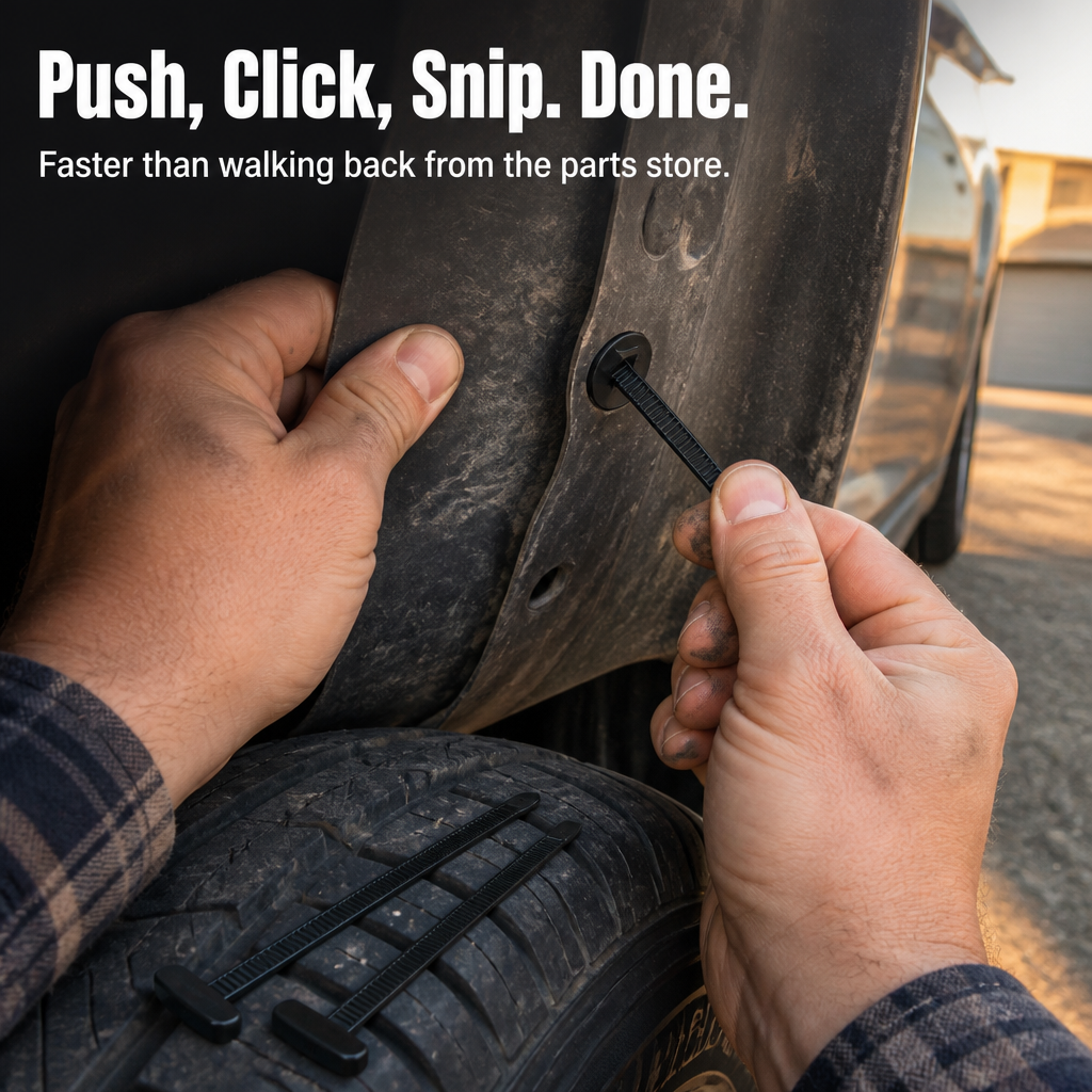 SnapSecure™ — Snap Loose Mudguards, Fender Liners, and Splash Shields Back Tight