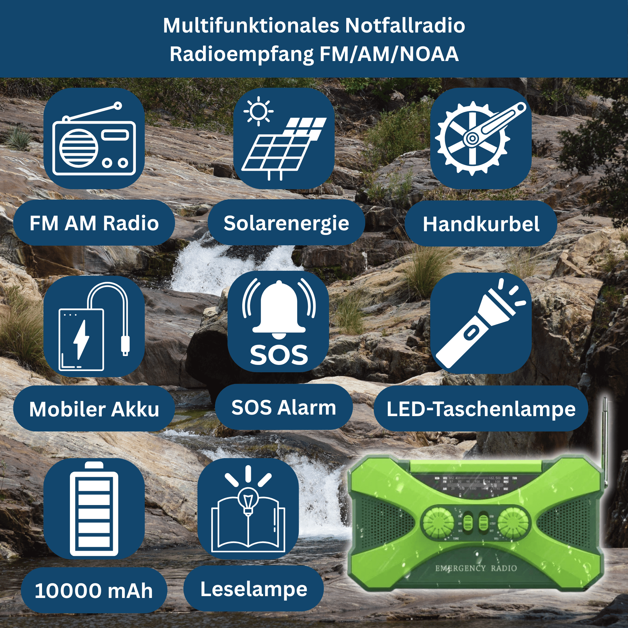 Solar and Hand Crank Emergency Radio with 10,000mAh Power Bank