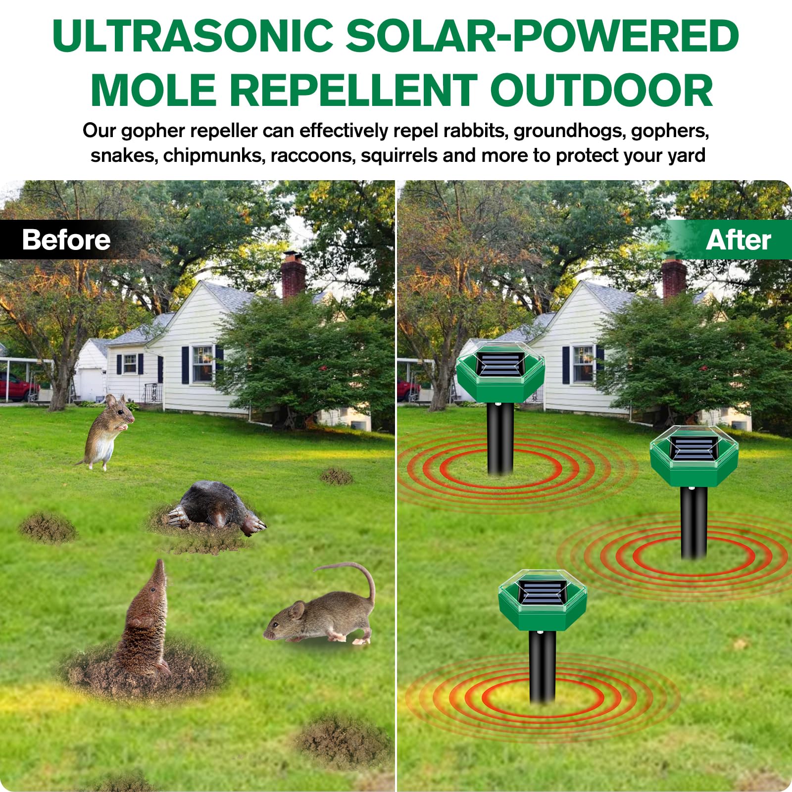 Mole Deterrent 4-Pack | Solar-Powered and Weather-Resistant | Simple Setup | MoleSilent
