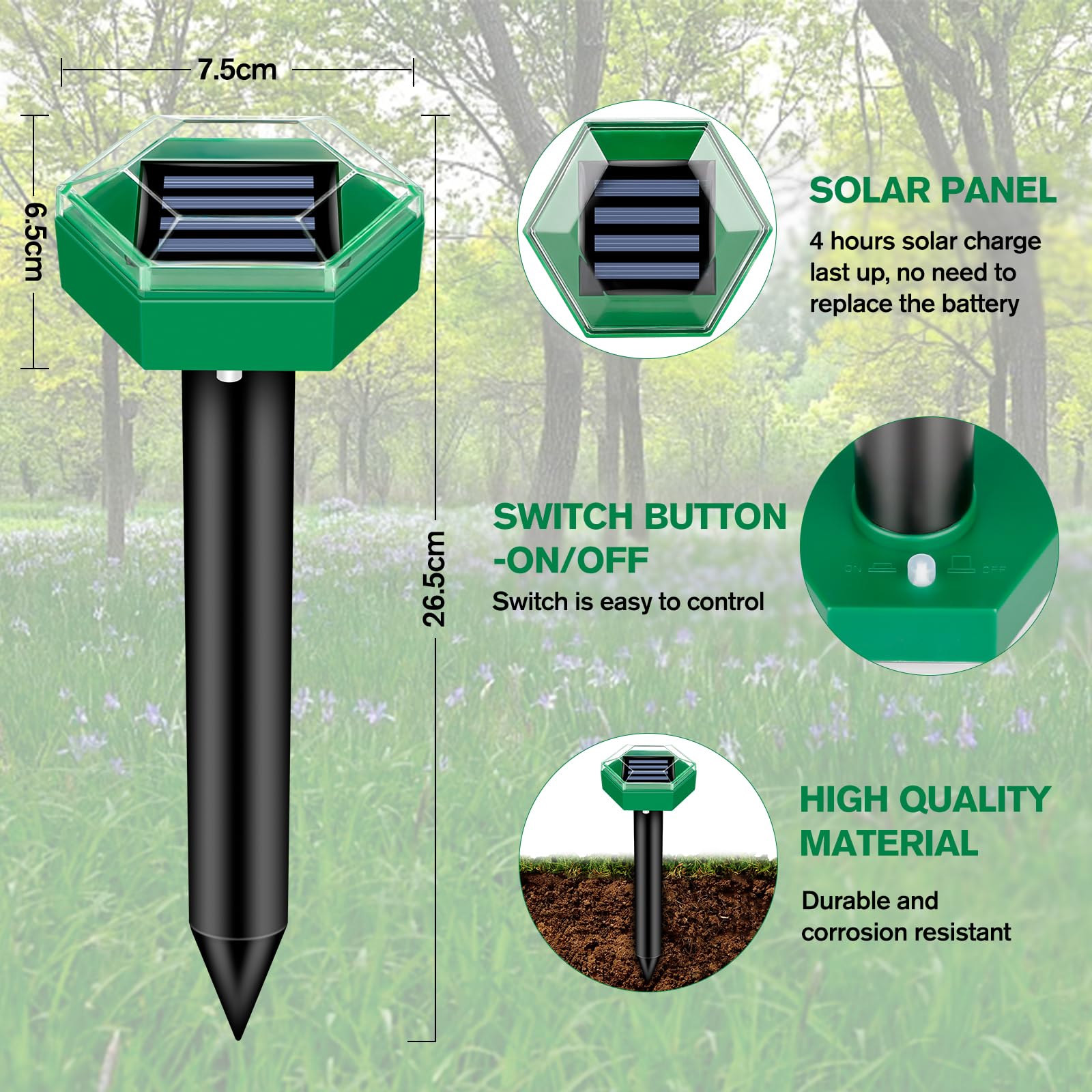 Mole Deterrent 4-Pack | Solar-Powered and Weather-Resistant | Simple Setup | MoleSilent