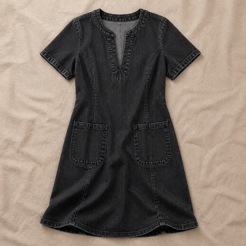 VarelaChic™ – Relaxed V-Neck Denim Shift Dress with Pockets