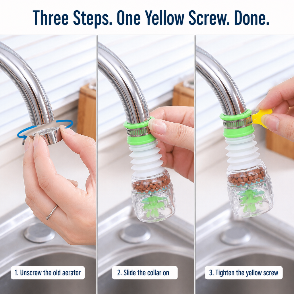 AquaPulse™ — Bend Your Faucet, Soften the Spray, End Countertop Splash