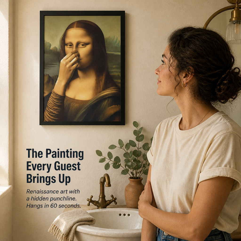 QuirkyCharm™ — Hang Mona Lisa Pinching Her Nose Above Your Toilet