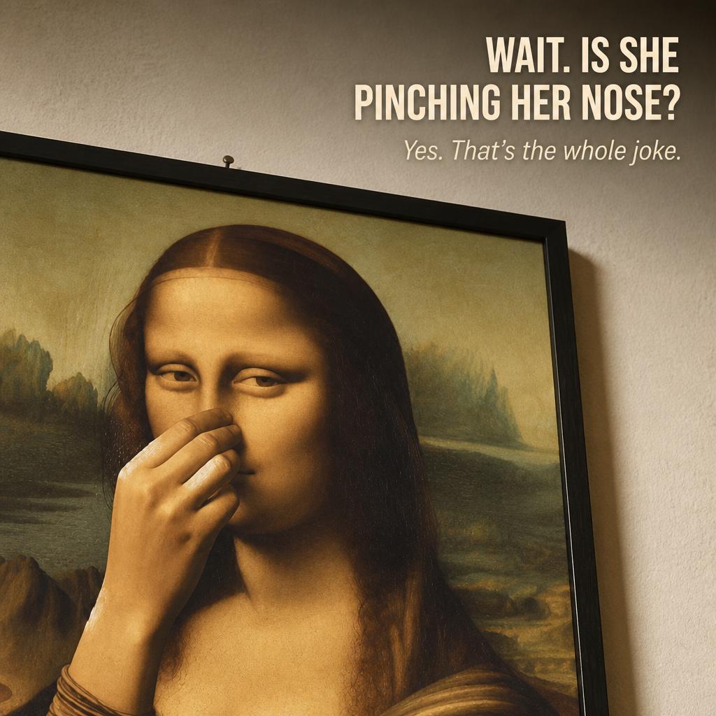 QuirkyCharm™ — Hang Mona Lisa Pinching Her Nose Above Your Toilet