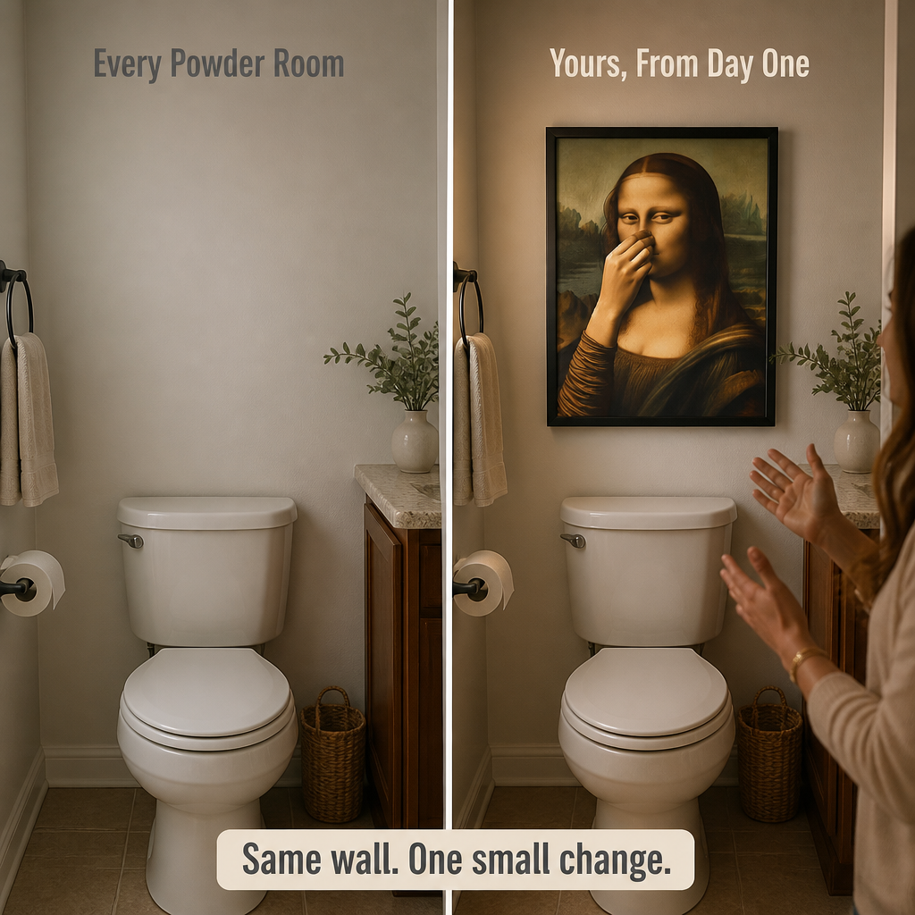 QuirkyCharm™ — Hang Mona Lisa Pinching Her Nose Above Your Toilet