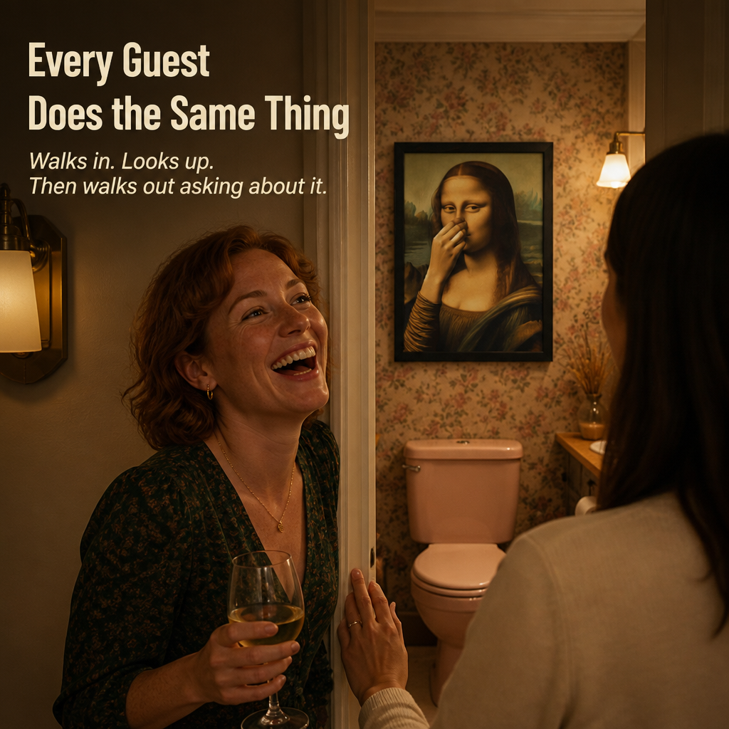 QuirkyCharm™ — Hang Mona Lisa Pinching Her Nose Above Your Toilet