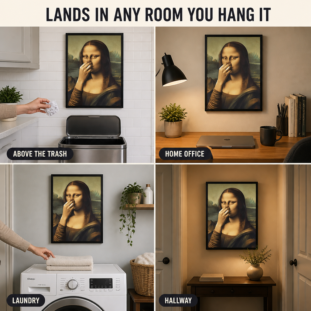QuirkyCharm™ — Hang Mona Lisa Pinching Her Nose Above Your Toilet