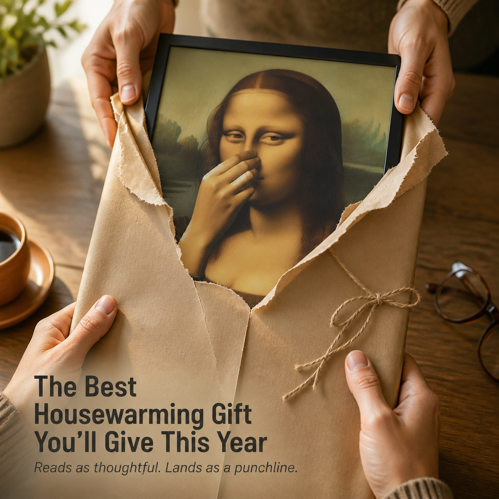 QuirkyCharm™ — Hang Mona Lisa Pinching Her Nose Above Your Toilet