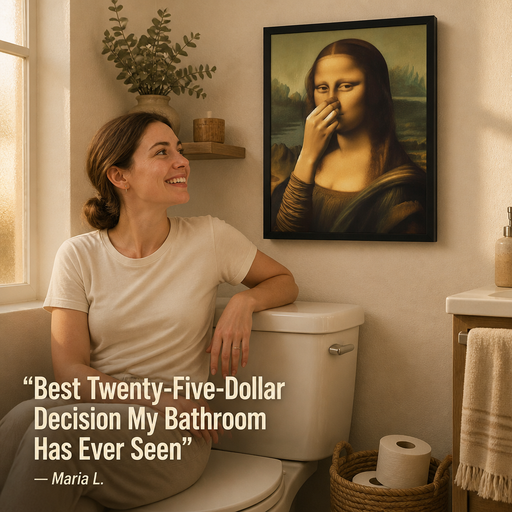 QuirkyCharm™ — Hang Mona Lisa Pinching Her Nose Above Your Toilet