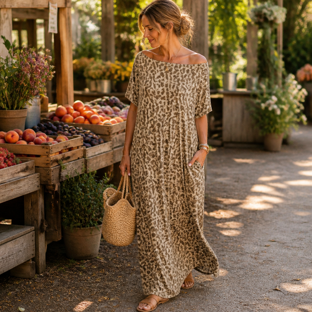 SolariaFlow™ – Relaxed Off-Shoulder Maxi Dress with Hidden Pockets