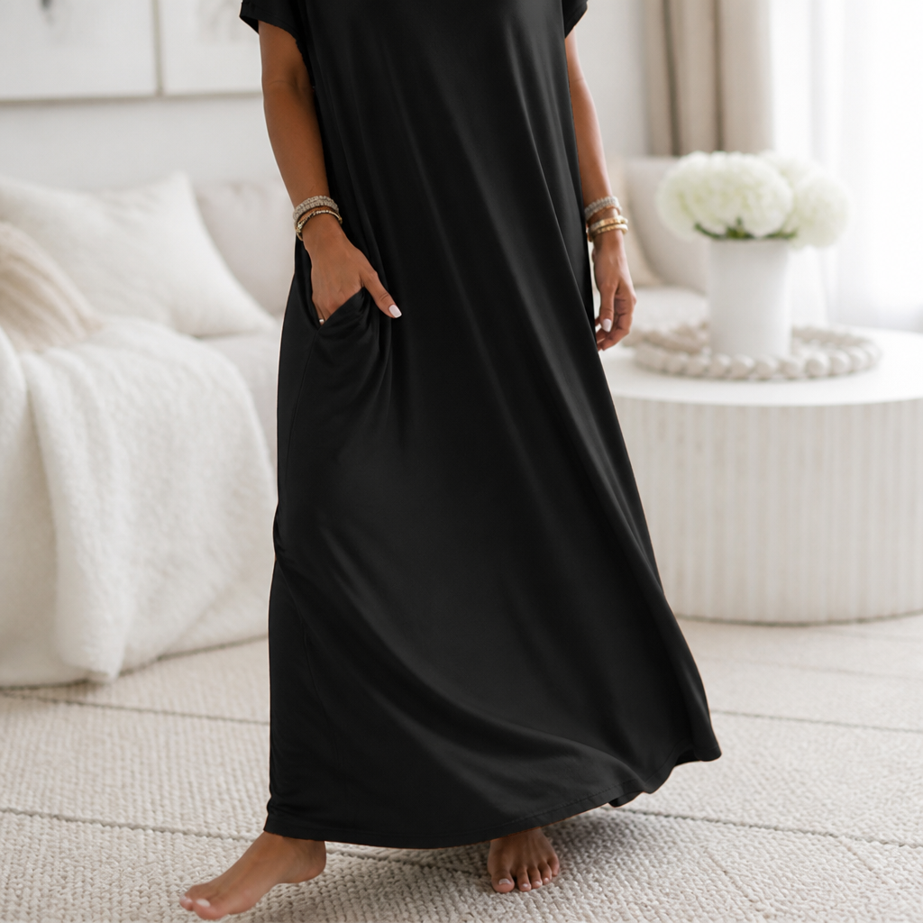 SolariaFlow™ – Relaxed Off-Shoulder Maxi Dress with Hidden Pockets