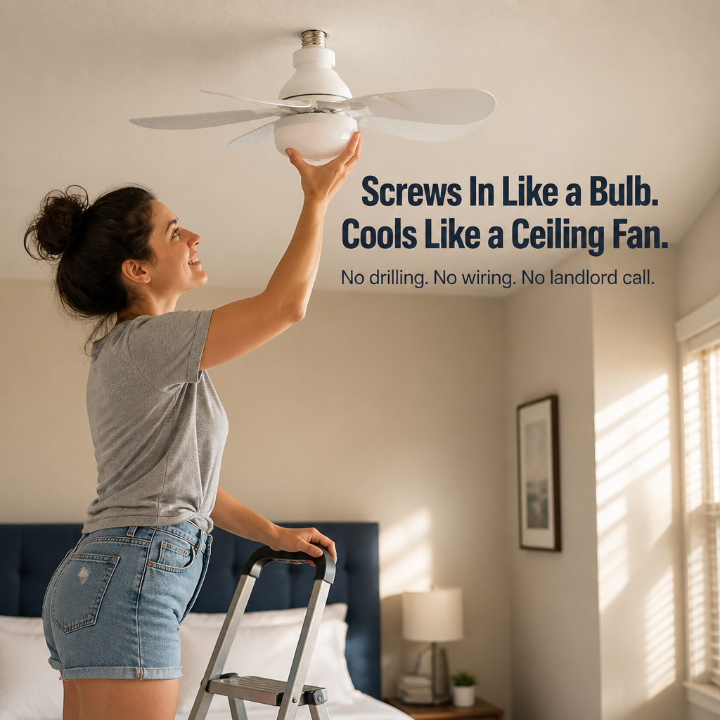 AirLume™ — Screw a Quiet Ceiling Fan + Bright LED Into Any Light Socket