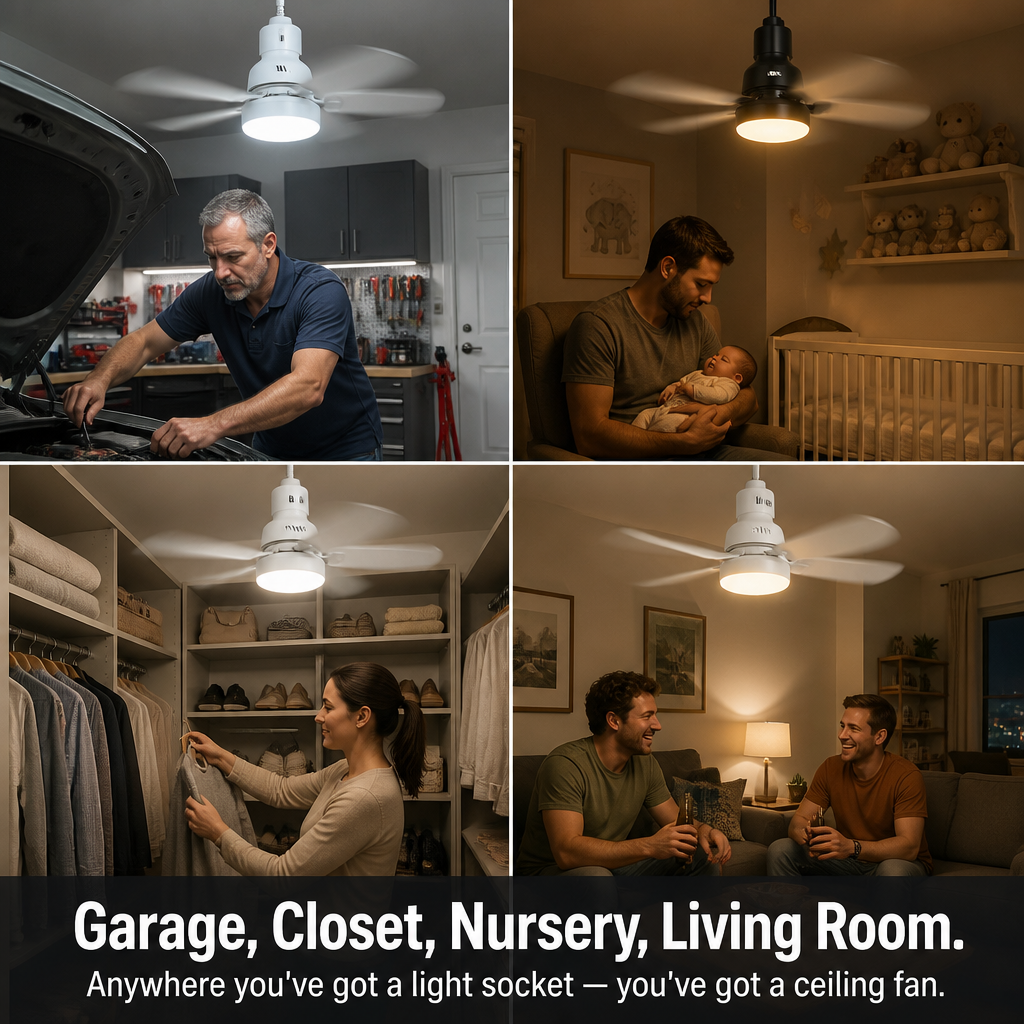 AirLume™ — Screw a Quiet Ceiling Fan + Bright LED Into Any Light Socket