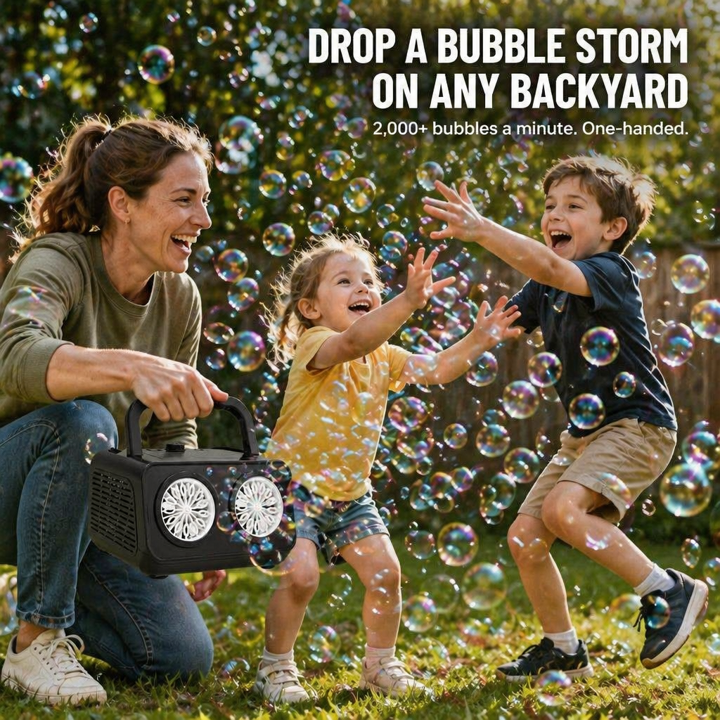 BubblyRush™ — Flood Any Backyard Party With a Twin-Disc Bubble Storm