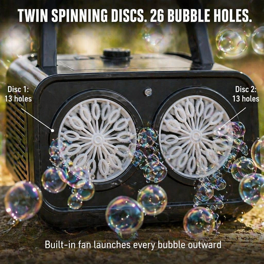 BubblyRush™ — Flood Any Backyard Party With a Twin-Disc Bubble Storm
