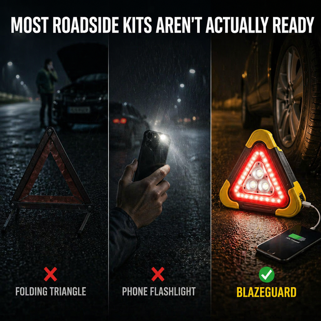 BlazeGuard™ — Light the Dark, Warn the Road & Keep Your Phone Alive