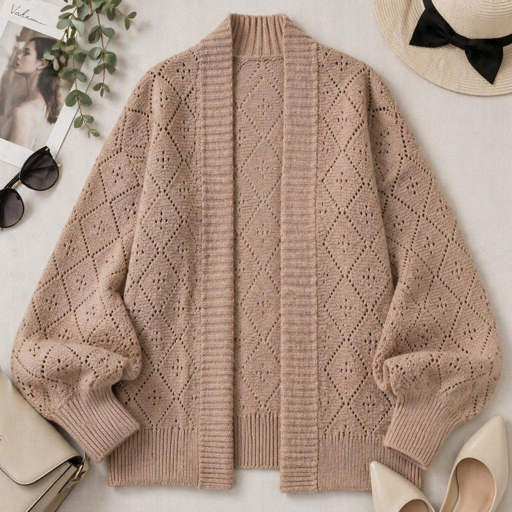 AerieLuxe™ – Open-Front Hollow Knit Shawl Cardigan with Lantern Sleeves