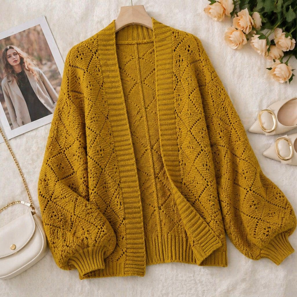 AerieLuxe™ – Open-Front Hollow Knit Shawl Cardigan with Lantern Sleeves