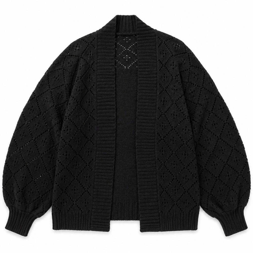 AerieLuxe™ – Open-Front Hollow Knit Shawl Cardigan with Lantern Sleeves