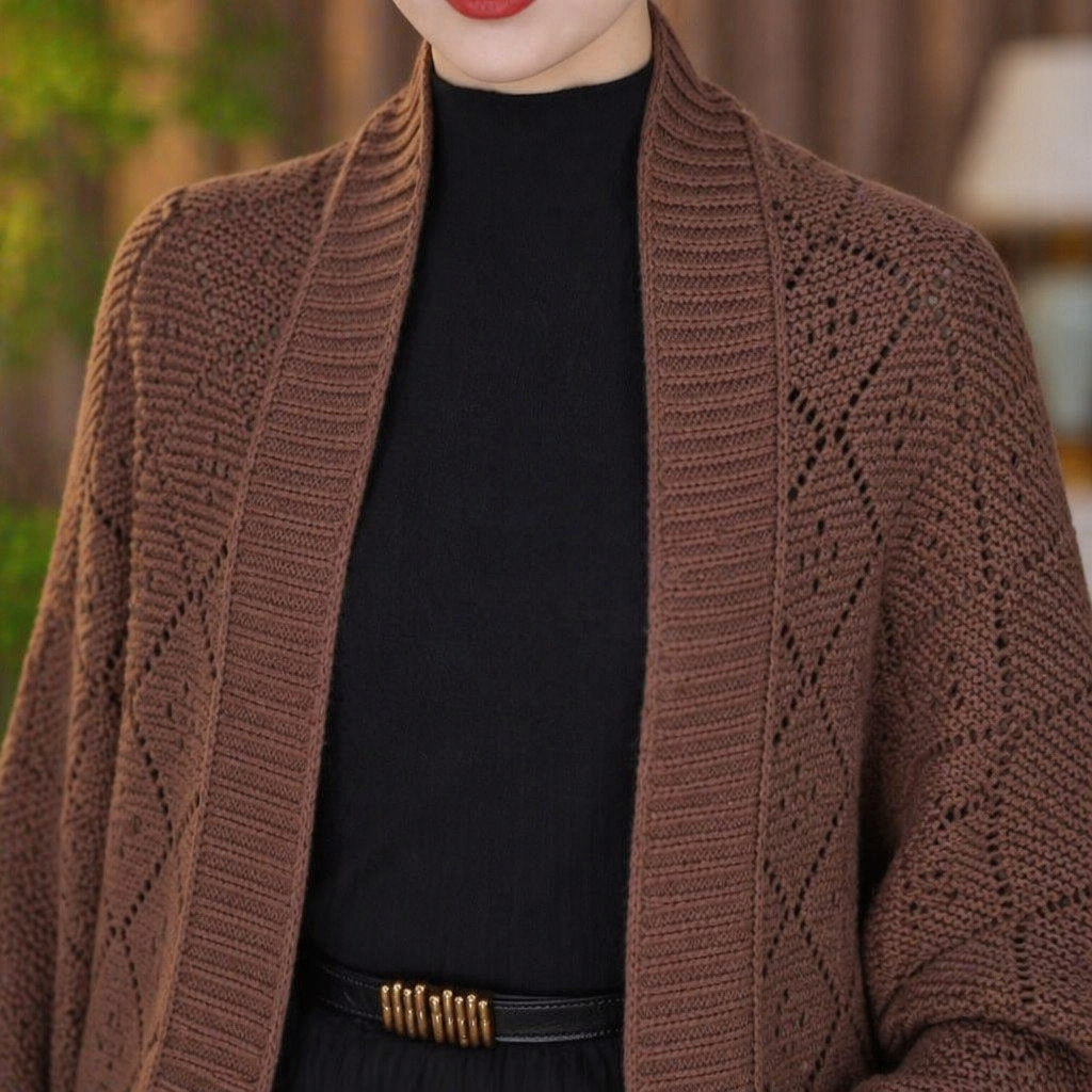 AerieLuxe™ – Open-Front Hollow Knit Shawl Cardigan with Lantern Sleeves