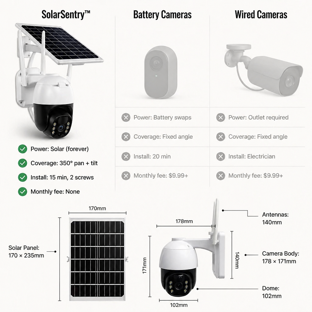 SolarSentry™ Wireless Outdoor Camera — Watch Every Blind Spot 24/7, No Wires, No Subscriptions