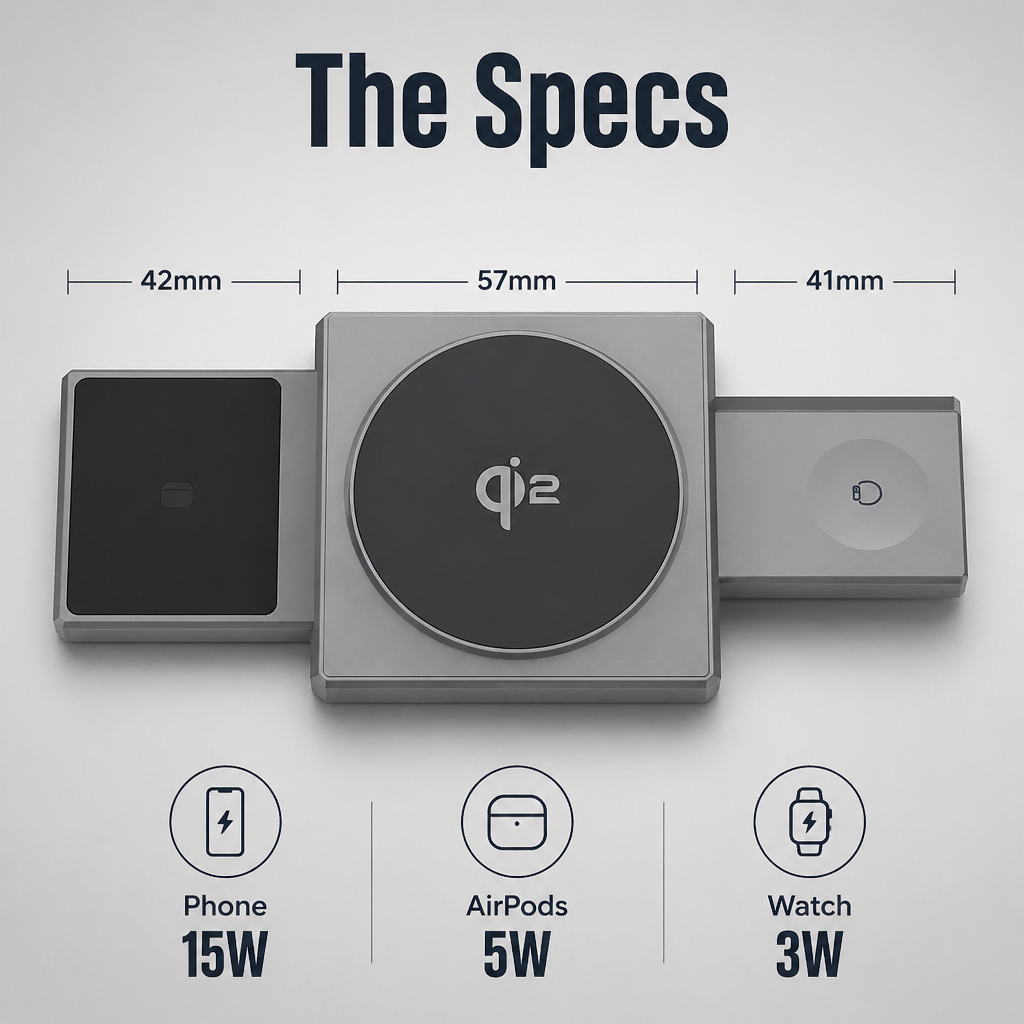 ChargeFlow™ — Snap Your iPhone, Watch & Headsets Onto One Foldable Qi2 Stand