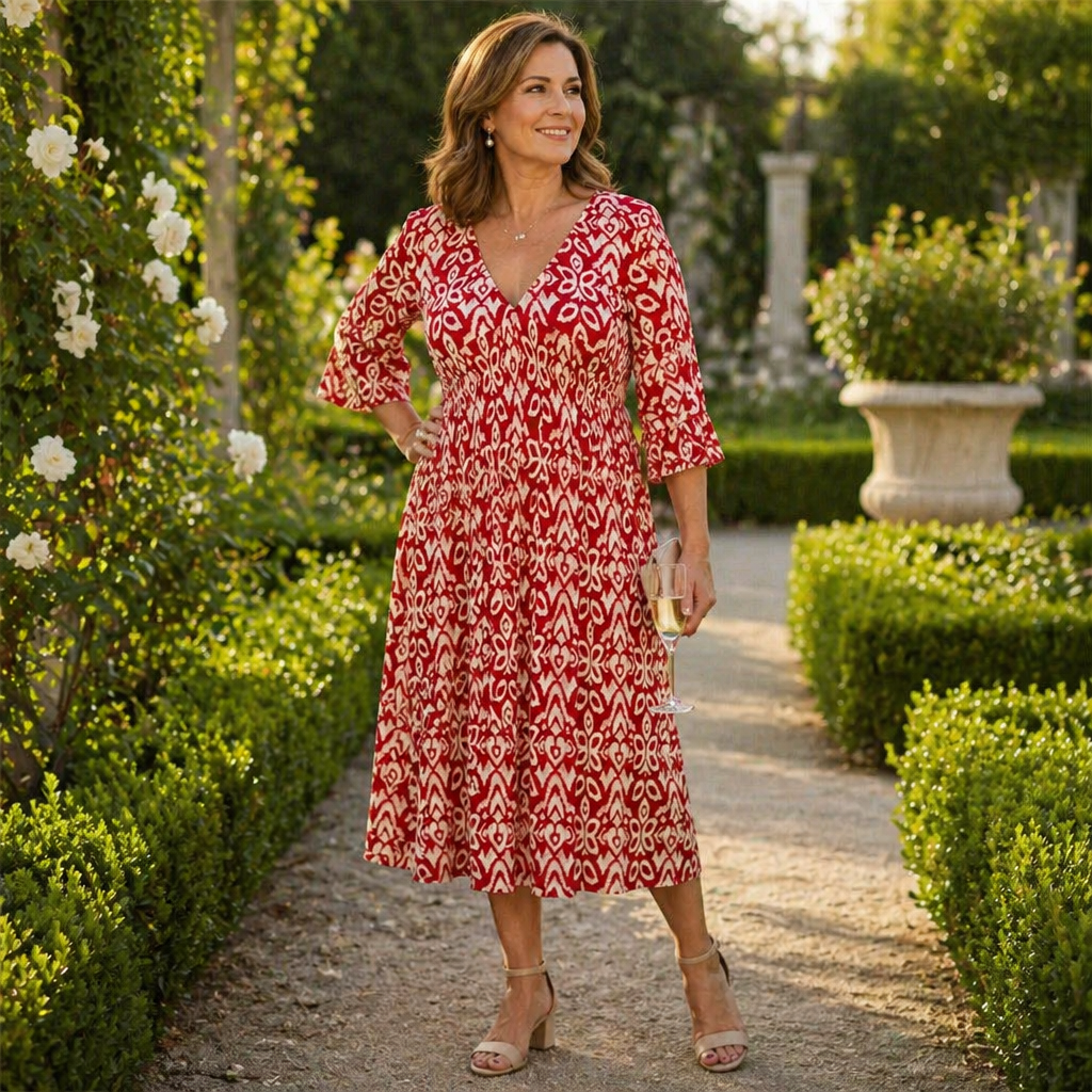 Majestella™ – Flowy V-Neck Smocked-Waist Midi Dress