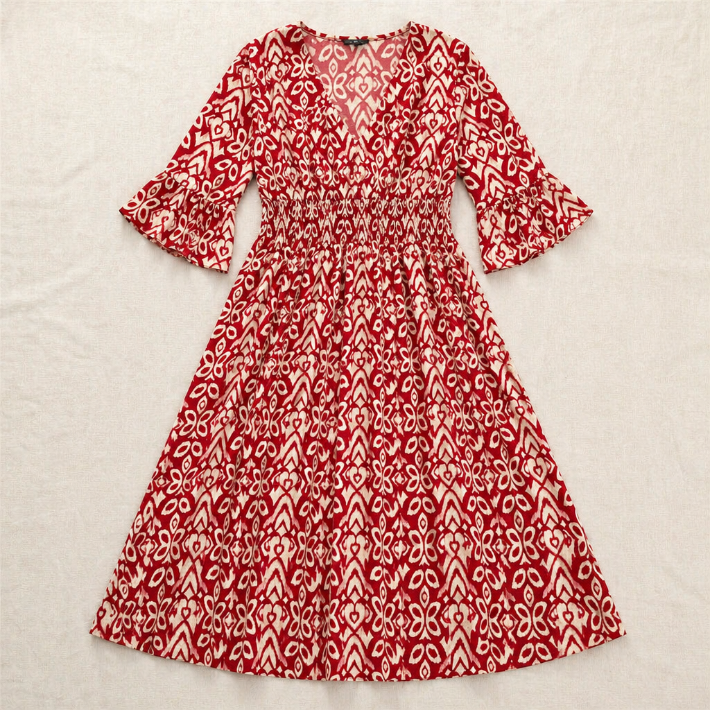 Majestella™ – Flowy V-Neck Smocked-Waist Midi Dress