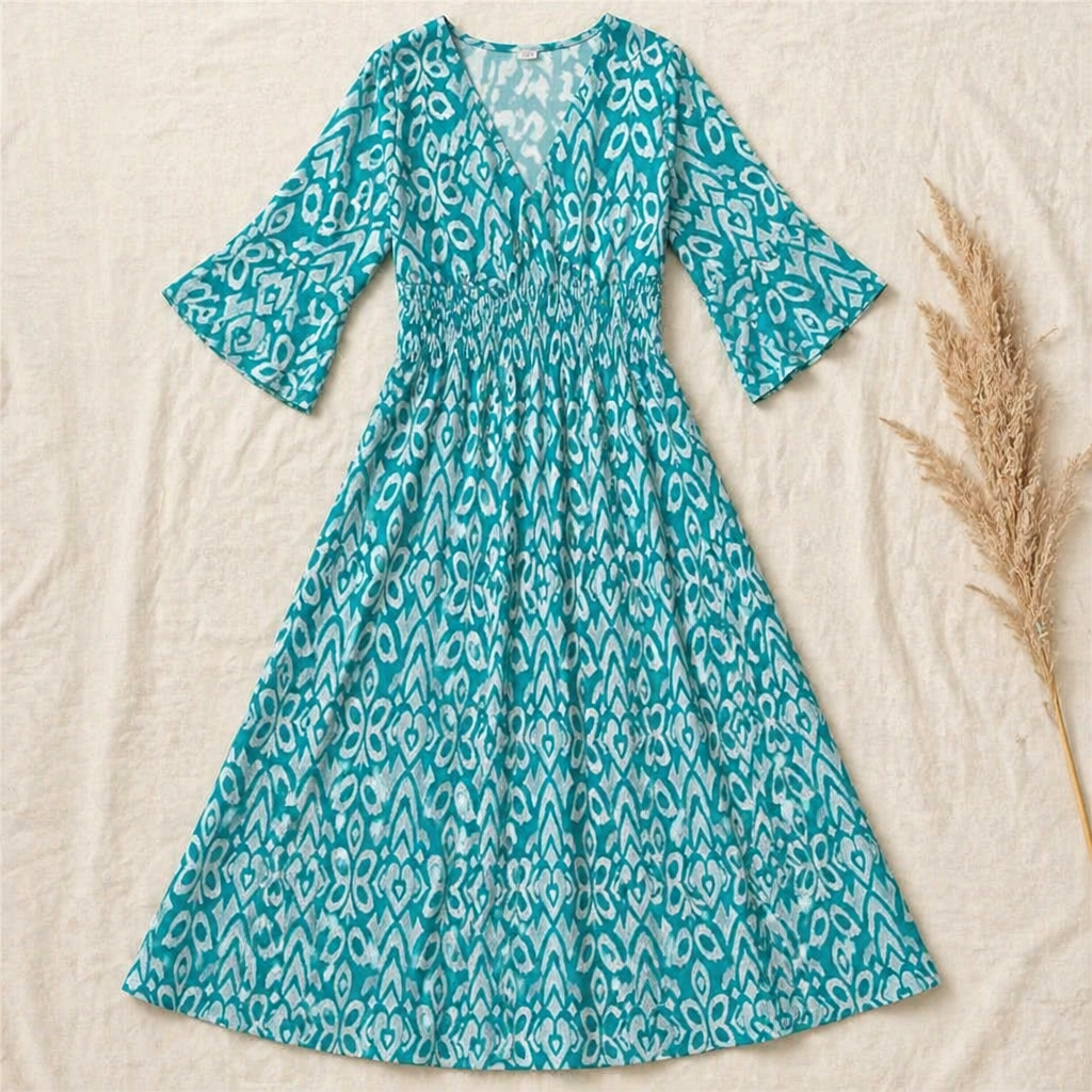 Majestella™ – Flowy V-Neck Smocked-Waist Midi Dress
