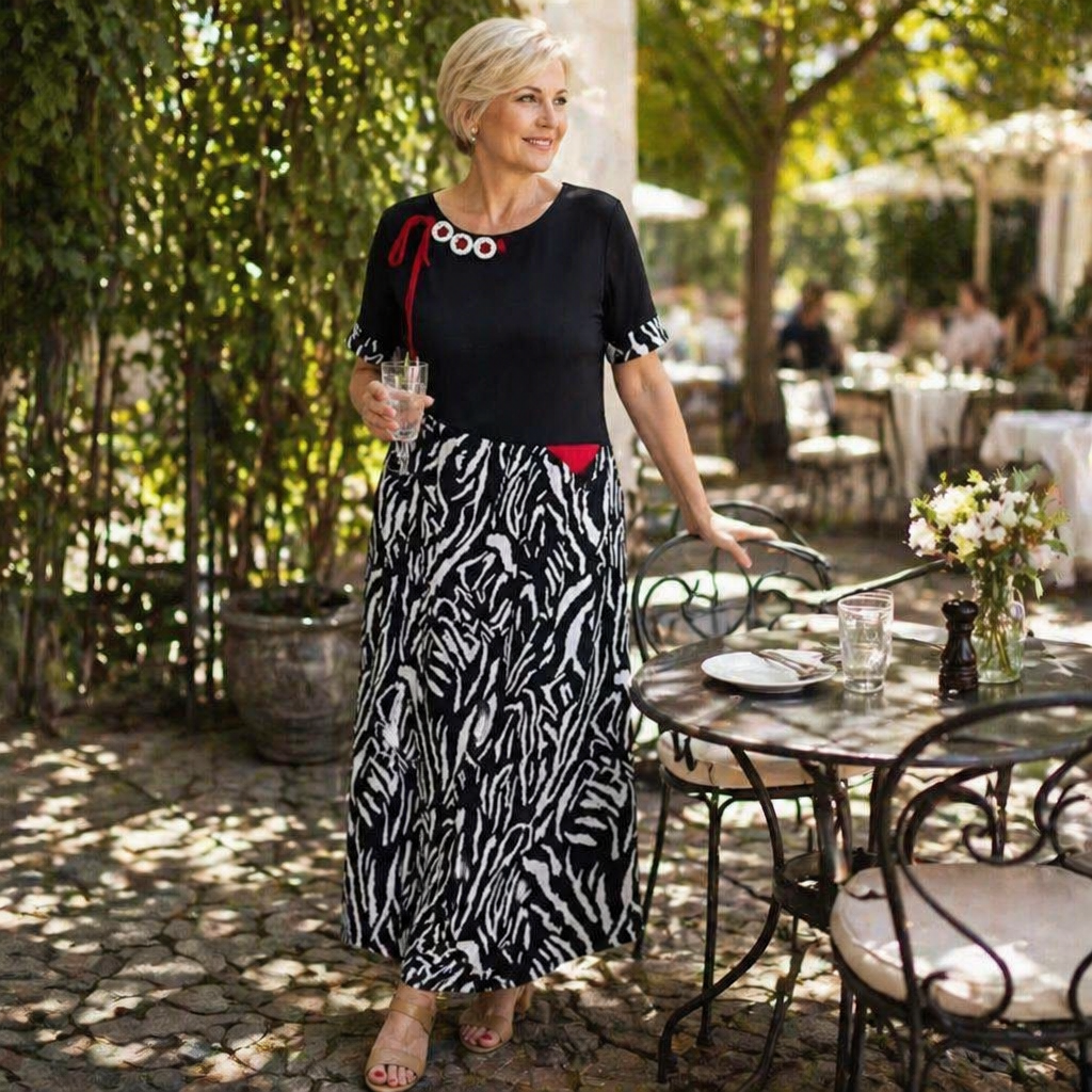VeraNite™ – Bold Zebra Patchwork Maxi Dress with Red Accent Detail