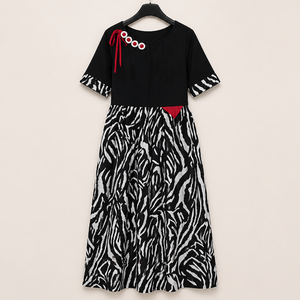 VeraNite™ – Bold Zebra Patchwork Maxi Dress with Red Accent Detail